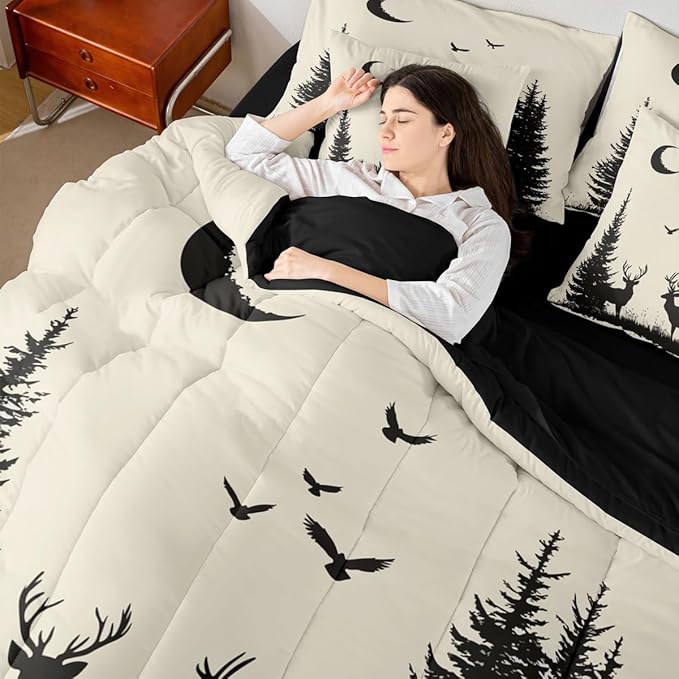 Erosebridal Queen Size Rustic Deer Comforter Set with Sheets 7 Pcs | Forest Cute Moose Wild Animal Bedding Set for Kids Boys Girls Farmhouse Cabin Lodge Bed in A Bag Tree Moon Woodland Quilt Sets