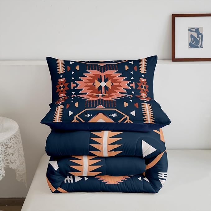 Southwest American Comforter Set King Size Indian Tribal Aztec Style Quilt Set Vintage Navy Blue Red Bedding Set 3pcs for Kids Teens Adults Room Decor Abstract Art Duvet Insert,2 Pillowcases