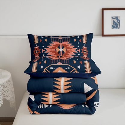 Southwest American Comforter Set Twin Size Indian Tribal Aztec Style Quilt Set Vintage Navy Blue Red Bedding Set 2pcs for Kids Teens Adults Room Decor Abstract Art Duvet Insert,1 Pillowcase