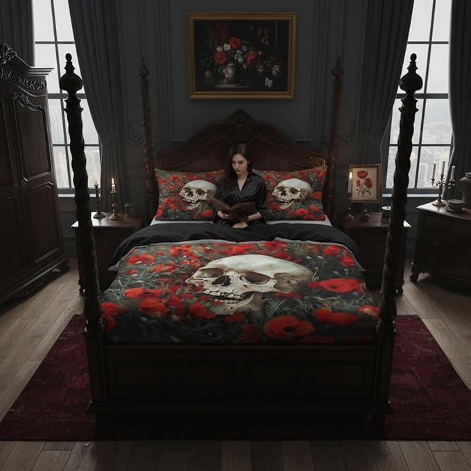 Gothic Skull Comforter Set Queen Size, Black Red Floral Microfiber Bedding Set, Horror Themed Bedroom Decor for Adult/Women