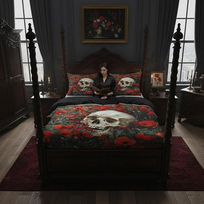 Gothic Skull Comforter Set Queen Size, Black Red Floral Microfiber Bedding Set, Horror Themed Bedroom Decor for Adult/Women