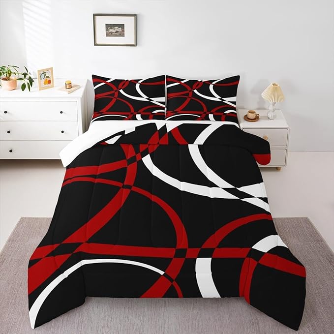 Castle Fairy Circle Geometric Comforter Set White Black Red Swirls Bedding Set for Kids Girls Women Adults Abstract Stripes Comforter Retro Style Quilted Duvet Set Bedroom Collection Twin Size 2Pcs
