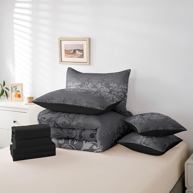 Erosebridal Gothic Damask Bed in a Bag King Size Comforter Set 7 Pieces,Exotic Moth Bedding Sets Silver Gray Victorian Floral Goth Sheet Set with Comforter