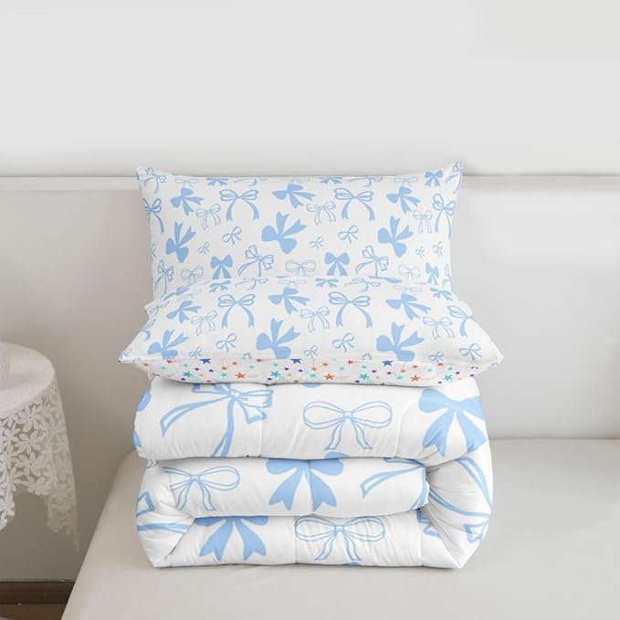 Erosebridal Cute Blue Bow Bedding Set King Size,Dreamy Princess Style Bowknot Comforter Set for Girls Kids Teen,Cute Kawaii Bow Bedding Comforter Sets Girly Coquette Blue Butterfly Knot Quilt