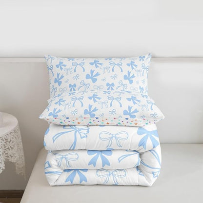 Erosebridal Cute Blue Bow Bedding Set King Size,Dreamy Princess Style Bowknot Comforter Set for Girls Kids Teen,Cute Kawaii Bow Bedding Comforter Sets Girly Coquette Blue Butterfly Knot Quilt