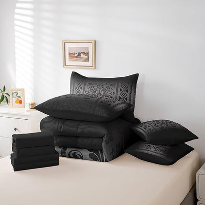 Comforter Set Twin Size, Black and Grey Aztec Damask 7 Pcs Bedding for Kids Adults, Victorian Decor Western Baroque Goth Bed Sheet Sets with Fitted Sheet 2 Pillowcases & 2 Shams for Bedroom Bed Decor