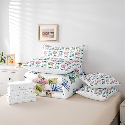 Erosebridal Blue Bowknot Pink Flowers Girly King 7-Piece Comforter Set | Kawaii Cute Bow Sheets and Pillowcases Floral Garden Ribbon Bed in A Bag Kids Teens Women Bed Sets