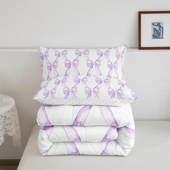Erosebridal Bow Bedding Comforter Sets Dreamy Princess Style Bowknot Bedding Set Purple Watercolor Bow Tie Comforter Set King Size for Kids Boys Girls Room Decor,Geometric Ribbon Bowknot Quilt Duvet