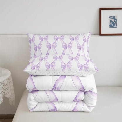 Erosebridal Bow Bedding Comforter Sets Dreamy Princess Style Bowknot Bedding Set Purple Watercolor Bow Tie Comforter Set King Size for Kids Boys Girls Room Decor,Geometric Ribbon Bowknot Quilt Duvet