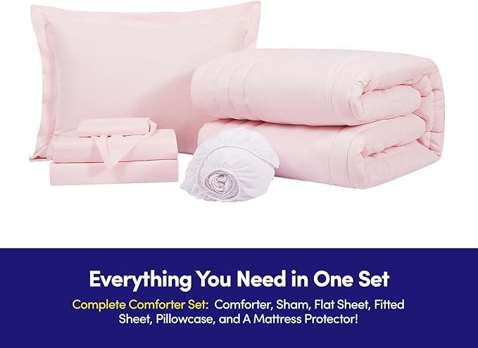 Twin Size Comforter Set Quilted Stripe Bedding Bundle – Stylish Set with Comforter, Mattress Protector, Sheet Set & Pillow Shams — Sophisticated Striped Design for Home & Guest Rooms, Pale Pink