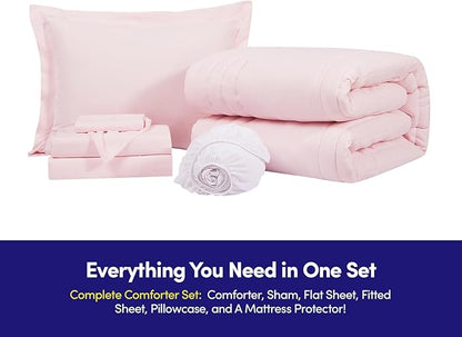 Twin Size Comforter Set Quilted Stripe Bedding Bundle – Stylish Set with Comforter, Mattress Protector, Sheet Set & Pillow Shams — Sophisticated Striped Design for Home & Guest Rooms, Pale Pink