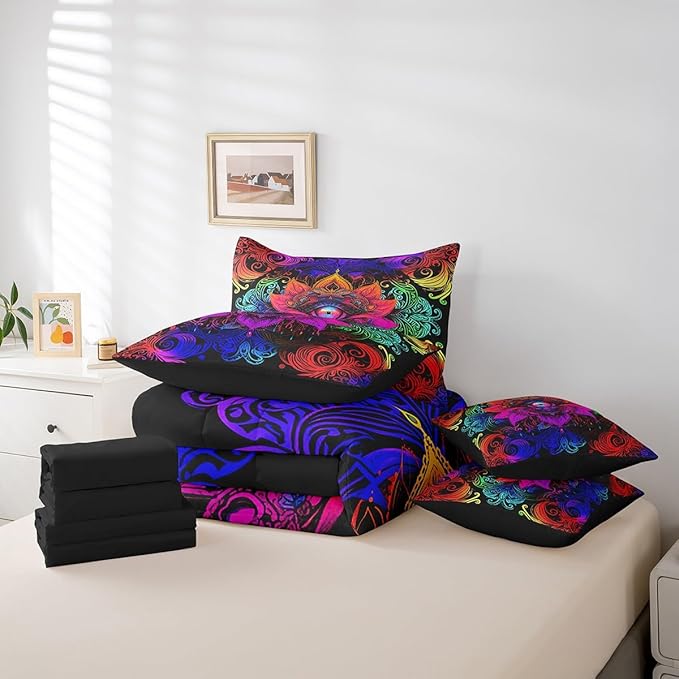 Mysterious Oriental Bed in a Bag Bohemian Lotus Bedding Set, Hippie Mandala Queen Comforter Set 7pcs Teal Blue Paisley Bedding Comforter Sets, Tribal Feather Bed Sheets Set Hamsa Fatima Eye Decor