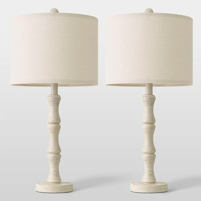 BOBOMOMO 25" Farmhouse Bedside Lamps Set of 2, Vintage Nightstand Lamps with Antique White Resin Base & Linen Shade, Standard Table Lamps for Bedroom, Living Room, End Table & House Décor