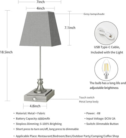 Rechargeable LED Table Lamps with Stepless Touch Control,Sliver Cordless Lamp for Living Room&Bedside&Patio&Shower,Small Desk Lamp(6000mAH Battery),2 Pack for Home Decor,Best Gifts for Family