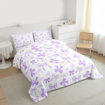 Erosebridal Cute Coquette Bowknot Comforter Set Purple Dreamy Bow King Bedding Set for Girls,Princess Style Kawaii Comforter Sets Purple Watercolor Bow Tie Bed Set for Kids Teen Women
