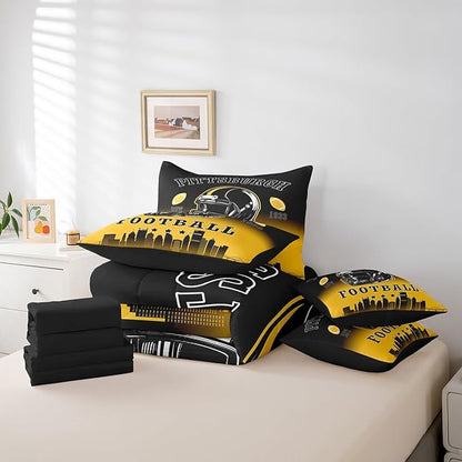 Erosebridal American Soccer King Bed in A Bag for Kids Boys Teen Adults,Sports Rugby 7 Pcs Bedding Set Football City Comforter Set with Sheets Ball Competitive Games Black Yellow Bed Set