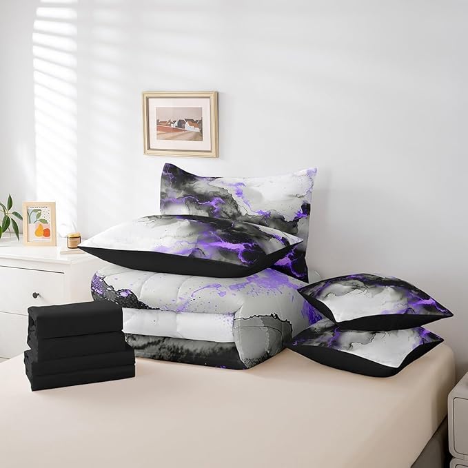 Erosebridal 7pcs Black Purple Marble Bedding King Size Grey Marbling Comforter Set, Modern Aesthetic Bedding Comforter Sets Mountain Fluid Bed in a Bag, Foil Print Stone Pattern Bedding Accessories