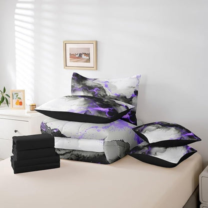 Erosebridal 7pcs Black Purple Marble Bedding King Size Grey Marbling Comforter Set, Modern Aesthetic Bedding Comforter Sets Mountain Fluid Bed in a Bag, Foil Print Stone Pattern Bedding Accessories