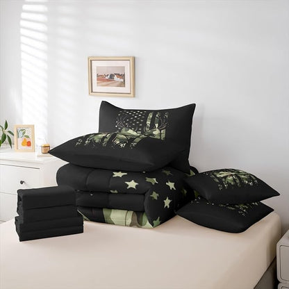 Erosebridal Camouflage King Comforter Set Antlers 7-Piece Bed in A Bag Elk Deer Bow Bowknot American Flag Military Sheets and Pillowcases Black Green Bed Sets