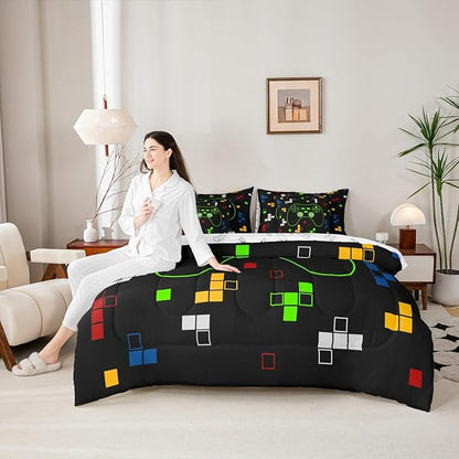 Miner Video Games Bedding Sets Full Size,Gamer Gamepad 7Pcs Comforter Set,Kids Boys Girls Room Decor,Neon Green Pixelated Geometric Bed in a Bag Black White Reversible Flat Fitted Sheet,2 Pillowcases