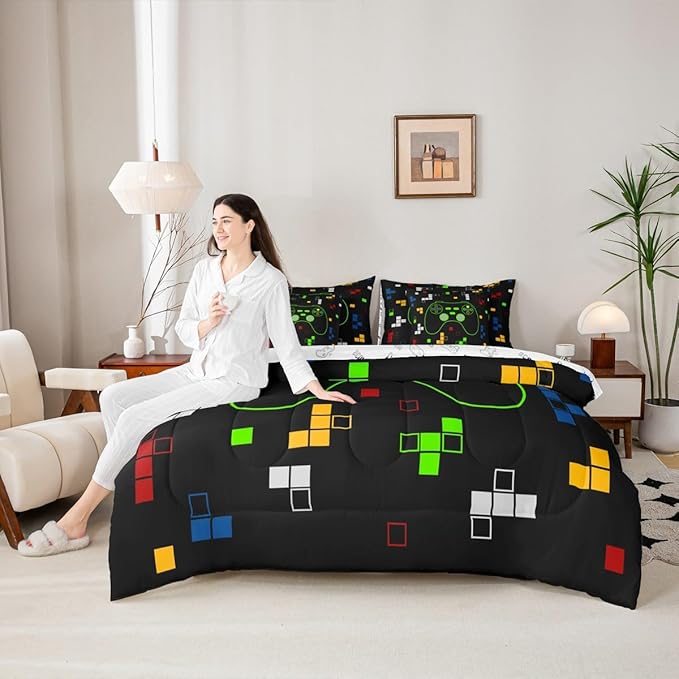 Miners Video Games 7Pcs Comforter Set Twin Size,Gamer Gamepad Bedding Set,Kids Boys Girls Room Decor,Neon Green Pixelated Geometric Bed in a Bag Black White Reversible Flat Fitted Sheet,2 Pillowcases