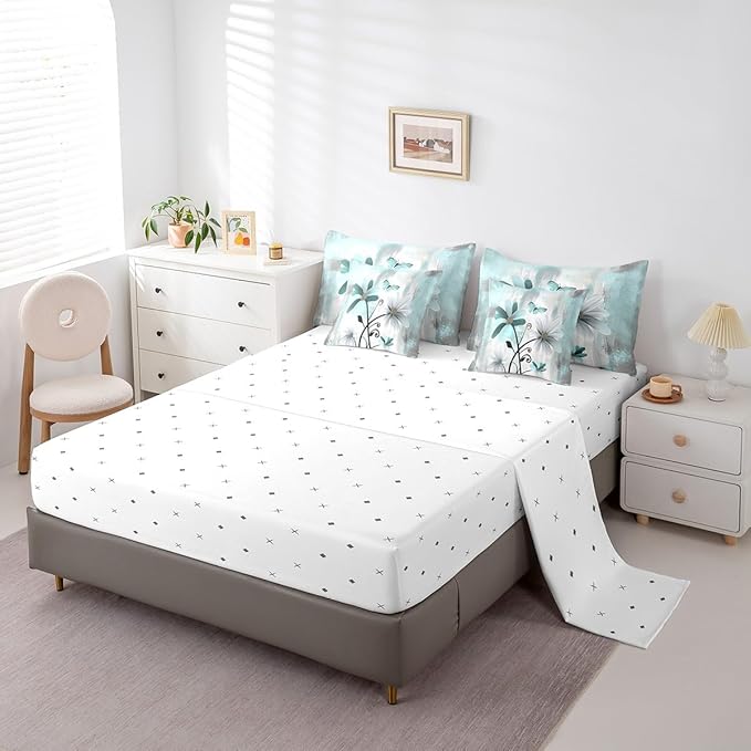 Feelyou Flower Comforter Set Queen Size 7 Pieces Vintage Floral Bedding Set for All Season Butterfly Botanical Nature Theme Bed in a Bag with Comforter, Sheets, Pillowcases & Cushion Cover