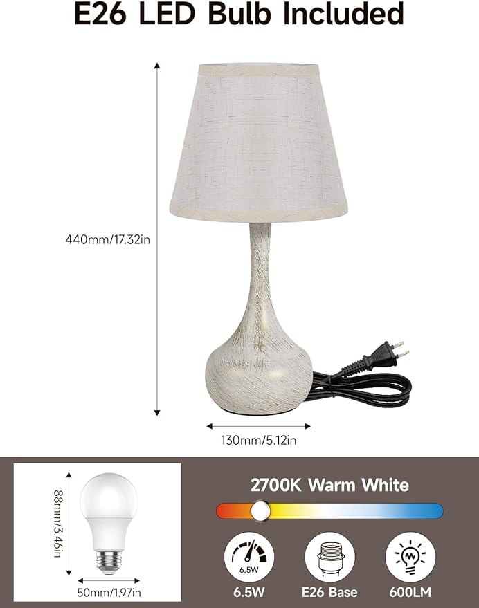 3-Way Dimmable Touch Table Lamps for Nightstand - Small Bedside Lamps with Fabric Shade in Black, Farmhouse Style Desk Lamp for Bedroom, Kids Room, Living Room, Home Office & Reading (White)