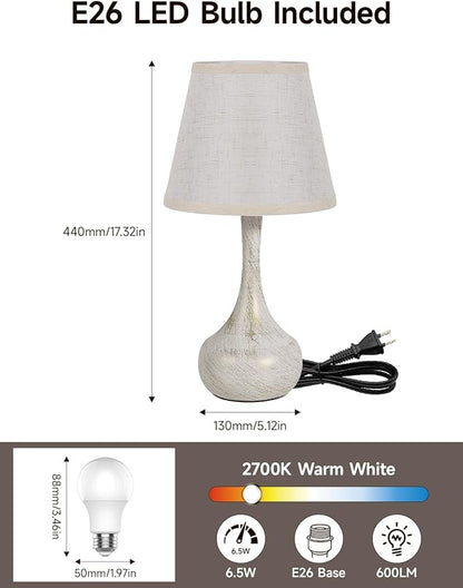 3-Way Dimmable Touch Table Lamps for Nightstand - Small Bedside Lamps with Fabric Shade in Black, Farmhouse Style Desk Lamp for Bedroom, Kids Room, Living Room, Home Office & Reading (White)