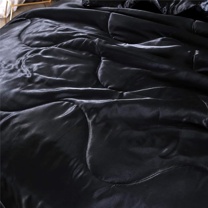 NTBED Silky Satin Comforter Set Queen Black, Soft Lightweight Microfiber Luxury Sexy Quilted Bedding Sets with 2 Matching Pillow Covers for Summer Spring Autumn
