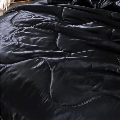 NTBED Silky Satin Comforter Set Queen Black, Soft Lightweight Microfiber Luxury Sexy Quilted Bedding Sets with 2 Matching Pillow Covers for Summer Spring Autumn