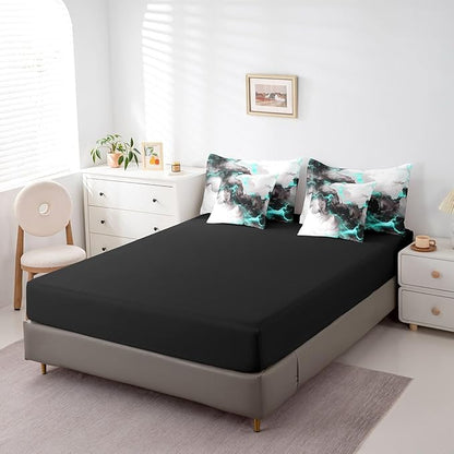 Erosebridal Black and Grey Teal Bed in a Bag 7pcs Marble Aesthetic Bedding Set, Modern Marbling Twin Size Comforter Set Watercolor Foil Print Bedding Comforter Sets, Stone Pattern Bed Set