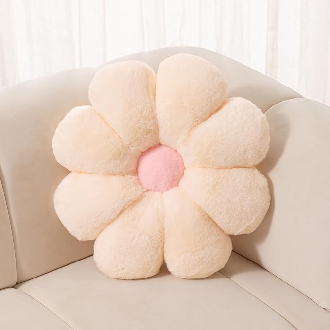 FIONOUT 17.7In Flower Pillow Decorative Pillows Soft Daisy Pillow Flower Shaped Pillow Floor Seating Custion for Reading, Couch and Room Dector (45CM/Beige)
