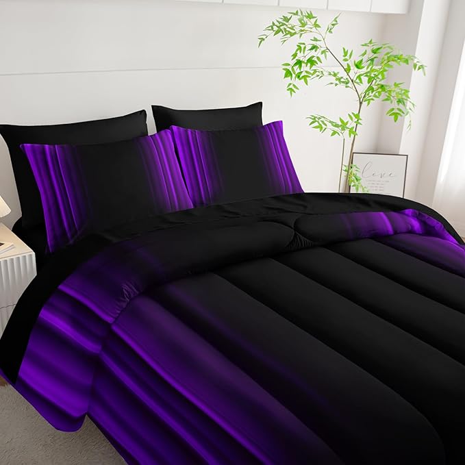 Purple and Black Bedding Set Twin Size Abstract Ombre Comforter Set Bedding Set 7 Piece in A Bag,Dark Quilt Set Mordern Art Decor All Seasons with Pillowcases,Flat, Fitted Sheet