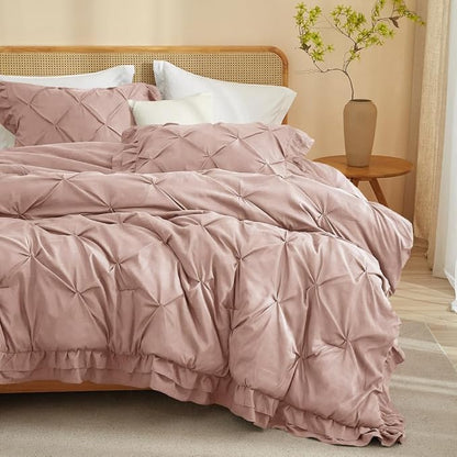 AMWAN Ruffled Pintuck Shabby Chic Farmhouse Comforter Set King Size 3 PCS (1 Solid Ruffled Comforter with 2 Pillowcases) Soft Fluffy Pinch Pleated Comforter Set All Seasons Comforter Set Dusty Rose