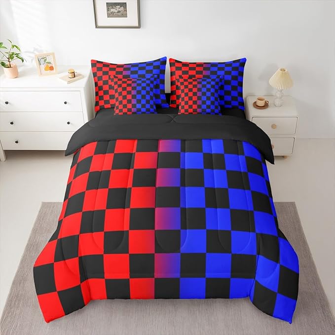 Checkered Comforter Set With Sheets 7 Piece King Size Red Blue Plaid Bed in a Bag Kids Boys Girls Cute Retro Neutral Checkerboard Geometric Bedding Set Vintage Aesthetic Bedroom Decor Breathable Soft