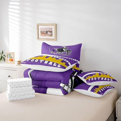 Erosebridal Football 7 Pcs Comforter Set King Football City Bedding for Teens Purple Football Fans Sheet Set Bed in A Bag Rugby Game Room Decor Sports Ball Competition Bed Set