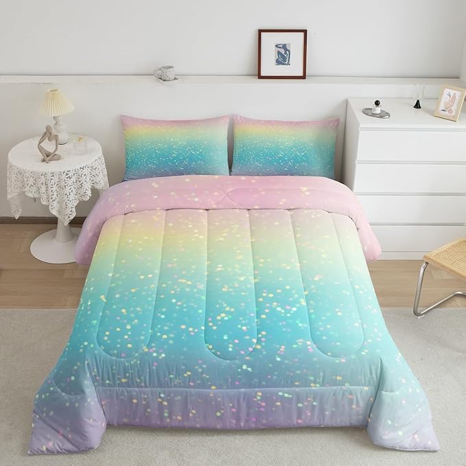 Rainbow Comforter Set King Size Tie Dye Pastel Bedding Comforter Sets for Boys Girls Kids Bedroom Decor, Glitter Galaxy Bedding Ink Pastel Printing Duvet Insert with 2 Pillowcases, Pink Blue Yellow
