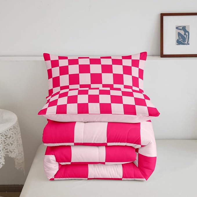 Feelyou Checkered Bedding Set Teen Women Boho Modern Cute Aesthetic Decorative Girly Comforter Set Queen Size Kids Boys Girls Geometric Chic Duvet Insert Pink White Plaid Room Decor