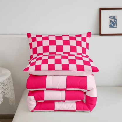 Feelyou Checkered Bedding Set Teen Women Boho Modern Cute Aesthetic Decorative Girly Comforter Set King Size Kids Boys Girls Geometric Chic Duvet Insert Pink White Plaid Room Decor