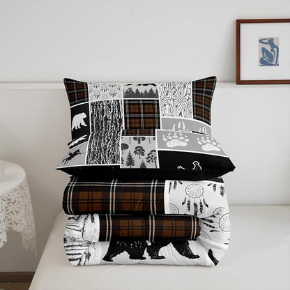 Erosebridal Western Bedding Full Size,Farmhouse Horse Cowboy Comforter Set Cabin Decor,Retro Brown Plaid Grid Quilt Western Bed Set,Wild Animals Paw Arrow Hunting Theme Duvet Insert