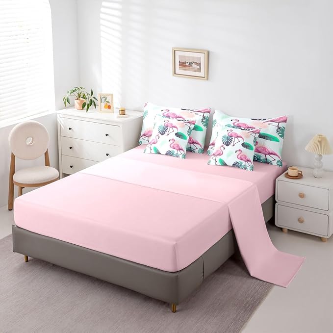 Erosebridal Girls Kids Flamingo Animal Pink Green 7 Piece Bedding Set Twin | Tropical Leaves Comforter Set with Sheets Botanical Bed in A Bag Women Kids Bed Sets
