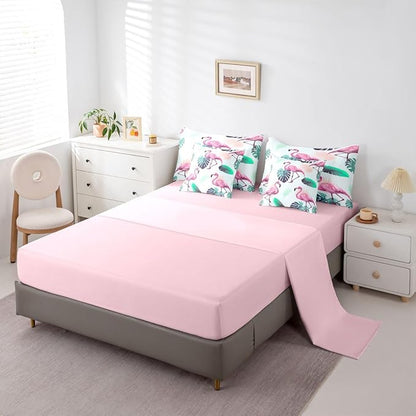 Erosebridal Girls Kids Flamingo Animal Pink Green Comforter Set Queen Size 7 Pieces | Tropical Leaves Bed in A Bag Botanical Bed Set Women Kids Bedding