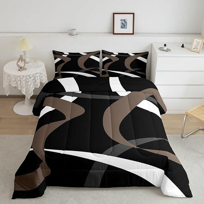 Erosebridal Abstract Black Taupe Brown Bedding Comforter Sets Dark Grey White Striped Bedding Set King Geometric Abstract Down Comforter for Kids Boys Teen Men Modern Fashion Quilt Duvet