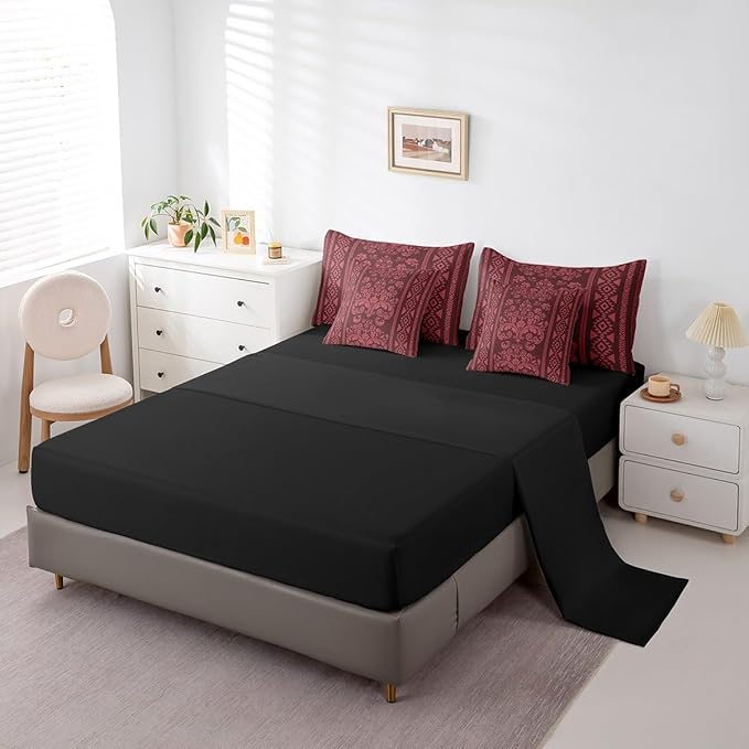 Comforter Set King Size, Rusty Red Damask Aztec 7 Pcs Bedding for Kids and Adults, Baroque Western Boho Gothic Floral Bed Sheet Sets with Fitted Sheet 2 Pillowcases & 2 Shams for Bedroom Bed Decor