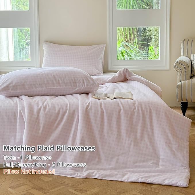 NSNLGSGC Pink Gingham Cotton Comforter Set Twin, 100% Washed Cotton Plaid Checked Comforter Bedding, 2 Pieces Vintage Farmhouse Grid Bedding Set(Pink Gingham, Twin)