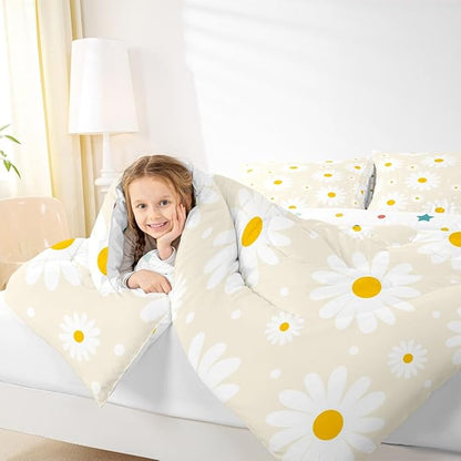Erosebridal Beige Floral Comforter Cute Daisy Cream Toddler Bedding Set for Kids Teen Women,Botanical Theme Rustic Flowers Comforter Set White Daisy Floral Quilt Room Decor