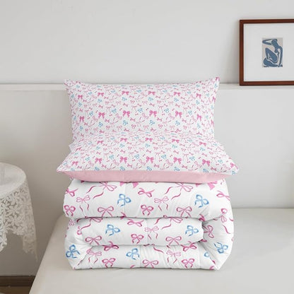Erosebridal Bowknot Comforter Set for Girls, Dreamy Princess Style Twin Size Down Comforter, Cute Bow Tie Cartoon Quilt for Kids Teens Women Room, Girly Kawaii Bedding Set, Pink Blue
