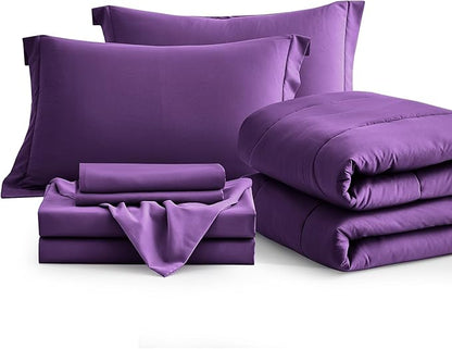 Maple&Stone Purple Comforter Set King, 7 Pieces Bed in a Bag - Down Alternative Bed Set with Comforter, Sheets, Pillowcases & Shams, All Season Lightweight Bedding Set, Purple