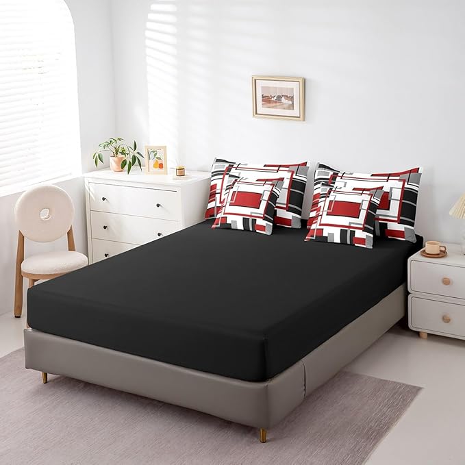 Erosebridal 7Pcs Red Black White Abstract Geometric Comforter Set Full,Aesthetics Art Modern Bed in A Bag for Minimalist,Mid Century Modern Bedding with Bed Sheets,Contemporary Boho Striped Quilt