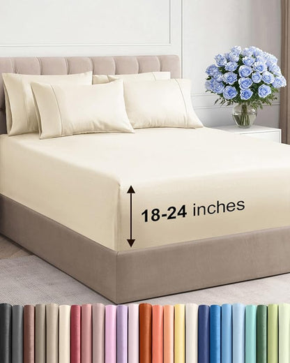 Extra Deep Queen Sheet Set - 6 Piece Breathable and Cooling Sheets - Hotel Luxury Bedding for Women, Men, Kids & Teens - Easy & Secure Fit - Soft, Wrinkle Free & Comfy - Extra Deep Pockets - Off White